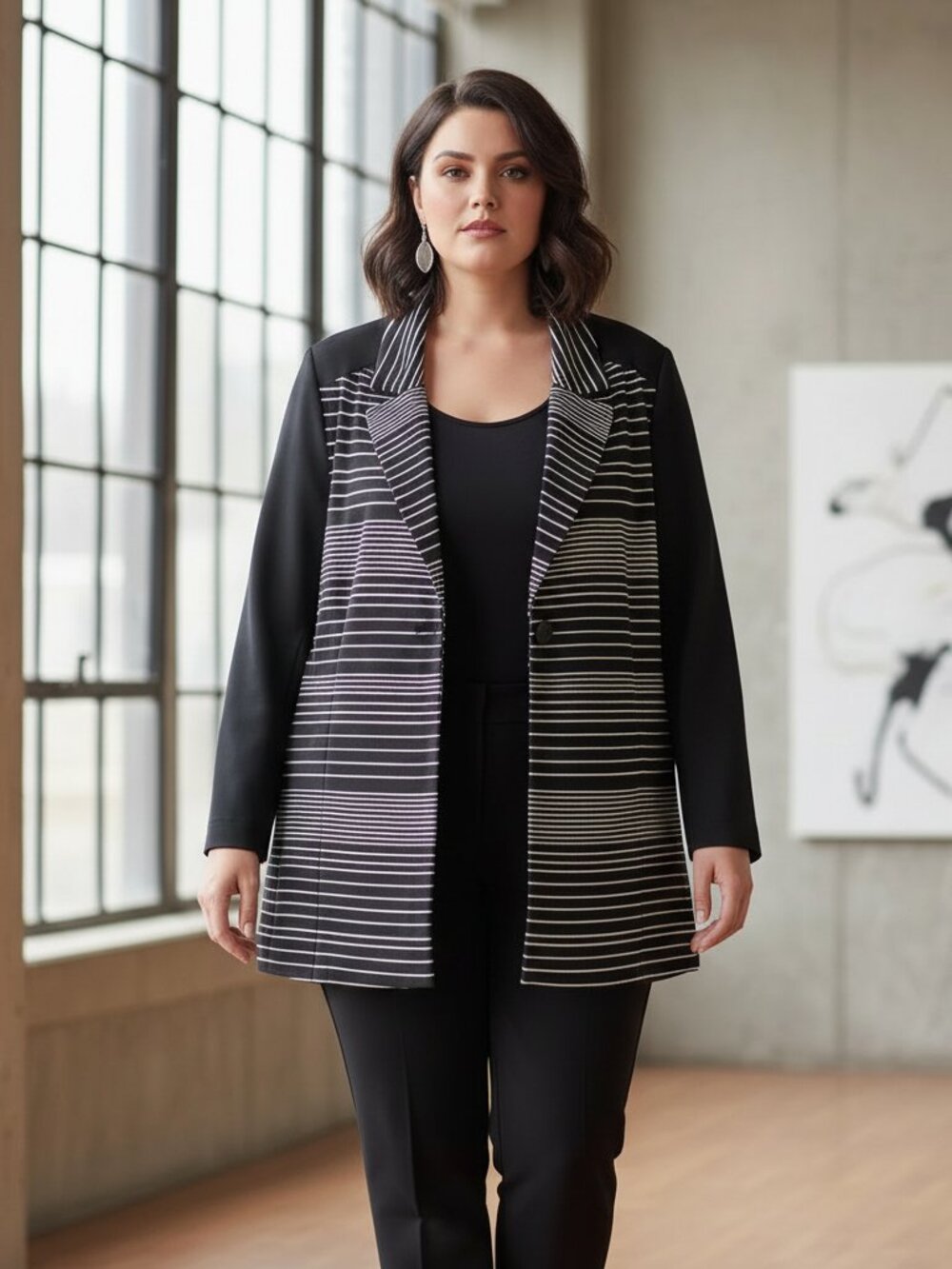 Avenue 22 24 2X Jacket Blazer Black White Striped Knit Office Minimalist Stretch